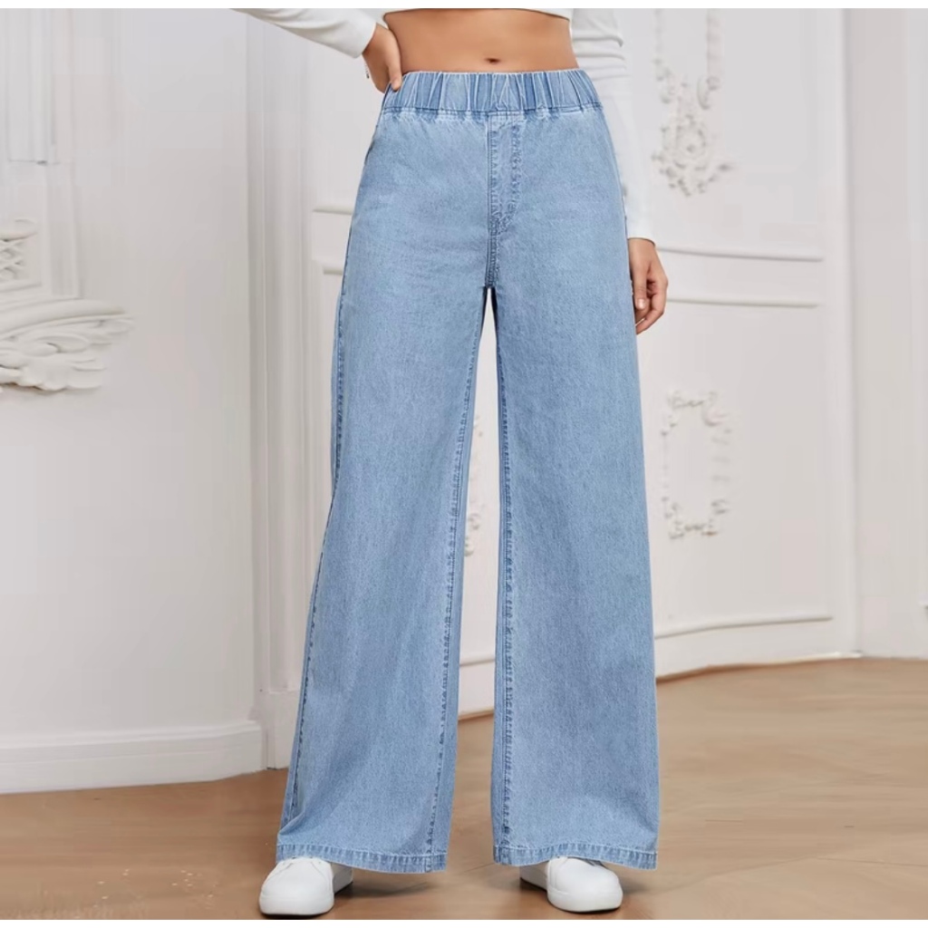 Palazzo JEANS Korean style Women Elastic Waistband Casual Plus Size S-3XL Denim Pants Wanita Solid Color Celana Baggy Je