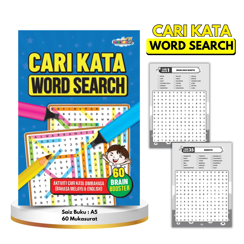 CARI KATA WORD SEARCH MOMMY HAPPY   Aktiviti Cari Kata Dalam Bahasa Melayu & English   60 Brain Booster Saiz Buku A5 60