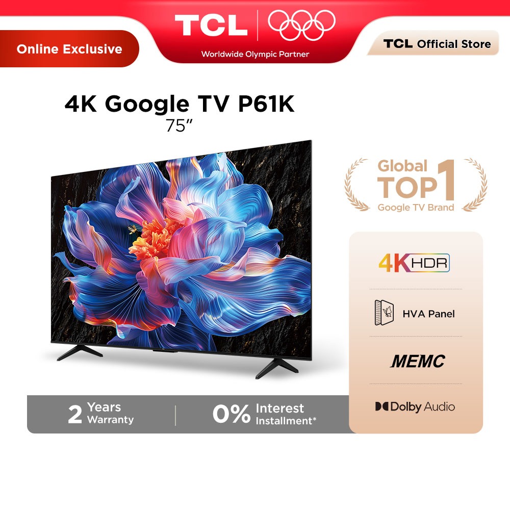 TCL 75 Inch 4K Google TV with HDR 10+, Dynamic Color Enhancement, MEMC, Dolby Audio Televisyen 75P61K