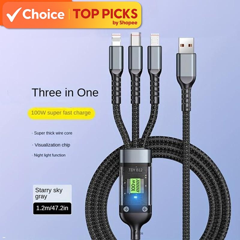 3-in-1 Super Speed Cable 100W–USB Compatible with Type-C/ Micro USB/Lght | Luminous Nylon Braided For All Devices