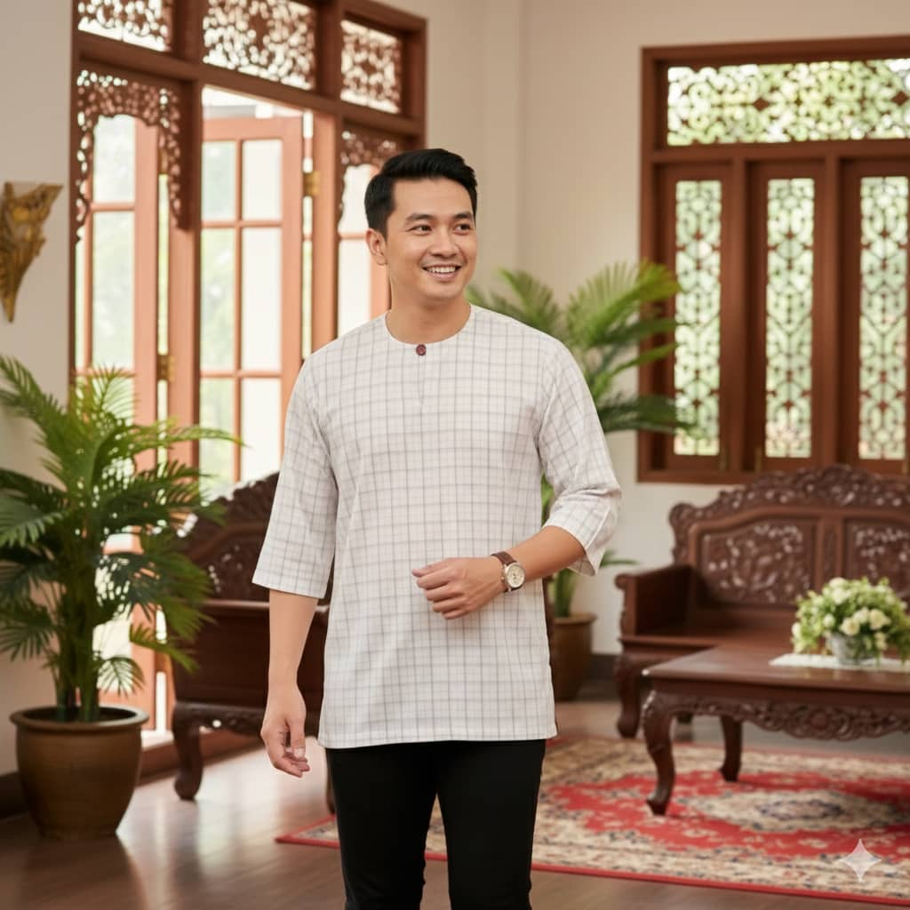 Kurta Checkered Petak-petak petak Teluk Lengan 3 Suku jarman Cotton Clothing Man Lembut Apparel CollecKotak