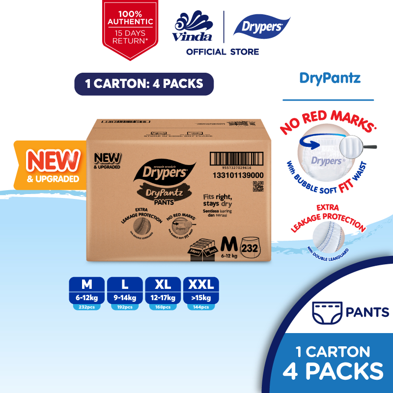[New and Upgraded] Drypers DryPantz Baby Diaper M58/L48/XL42/XXL36 (4 packs)