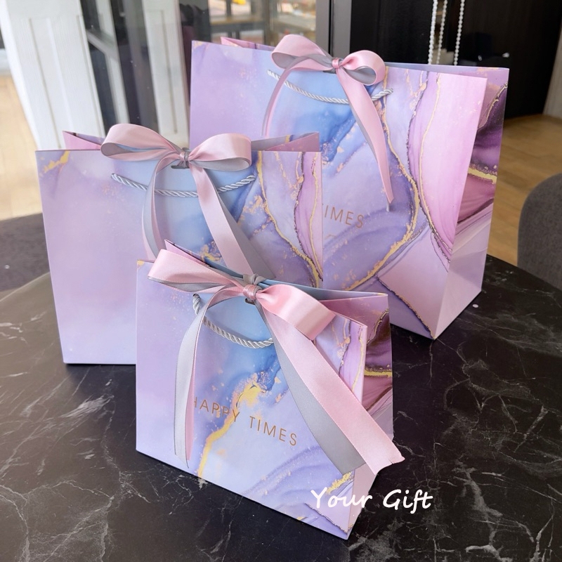 Ready Stock Luxury Gift Paper Bag Pink Purple Watermark Design Ribbons Wedding Birthday Doorgift Present Bag 1PC