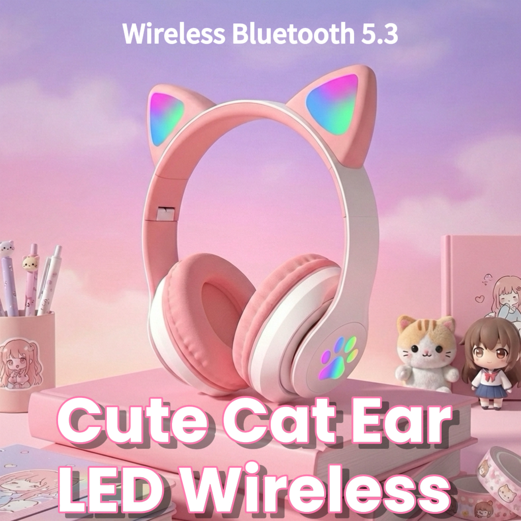 Headset Bluetooth wireless headphones Cat ears Pink Cute Suitable for students and children Earphones for gaming