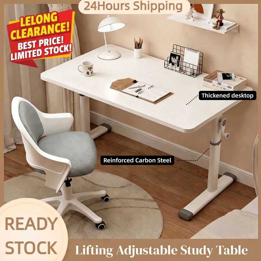Study Table Lifting Meja Belajar With Drawer Adjustable Gaming Table  Bedroom Bookshelf Office Computer Meja L80/100/120