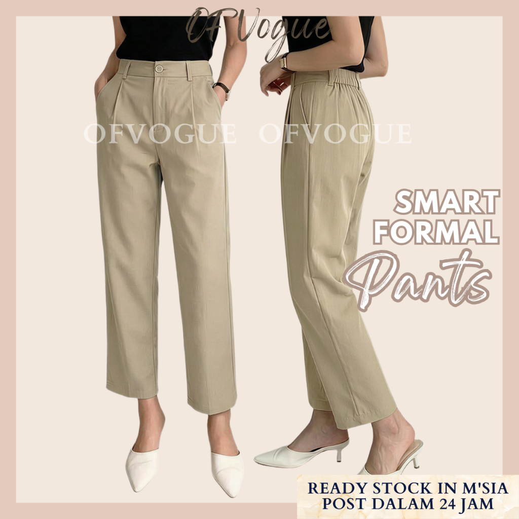 OFVOGUE Cotton Suit Pants High Waist Elastic Waist Straight Leg Pants Women Casual Pants Seluar Slack Wanita Slimming