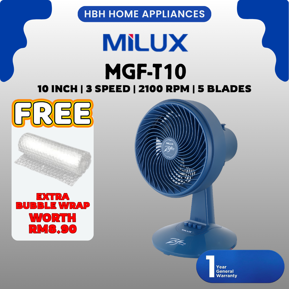 (NEW) Milux Zefiro Table Fan MGF-T10 | 3 Speeds | 10 Inch | 5 Meter Long Reach Air Delivery | 2100RPM | Milux Table Fan
