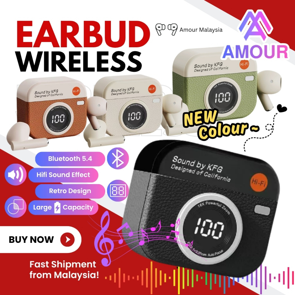 Fon Telinga Tanpa Wayar Wireless Earbud Mini Camera Cute Retro Design Bluetooth 5.4V Earphones Bass High Quality Pod 耳机
