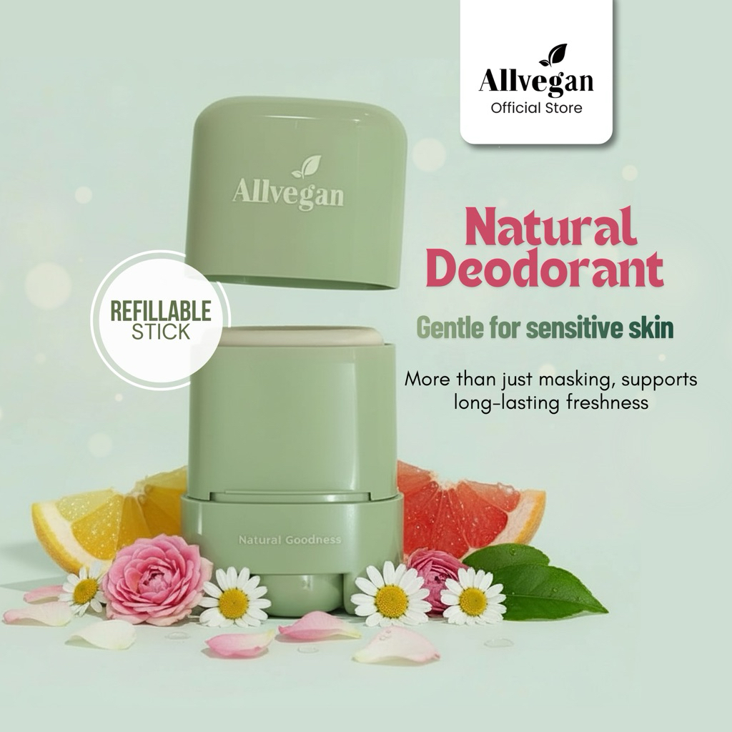 ALLVEGAN Refillable Natural Deodorant Stick - Case & Refill Included (Ready to use)