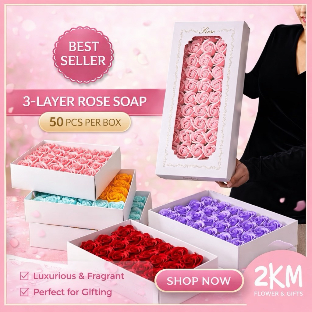 (50PCS) 3 LAYER Rose Soap Flower With Base Fragrant Scent Bouquet Artificial Home Decor Bunga Sabun Wangi 玫瑰肥皂花香皂花