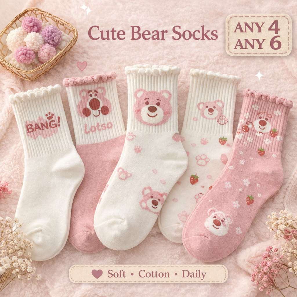 Mrs.socks Pink Bear Ins Cute Socks Crew Socks Women Stokin Panjang Wanita Stoking Comel Stocking Kaos Kaki Wanita 袜子女 襪子