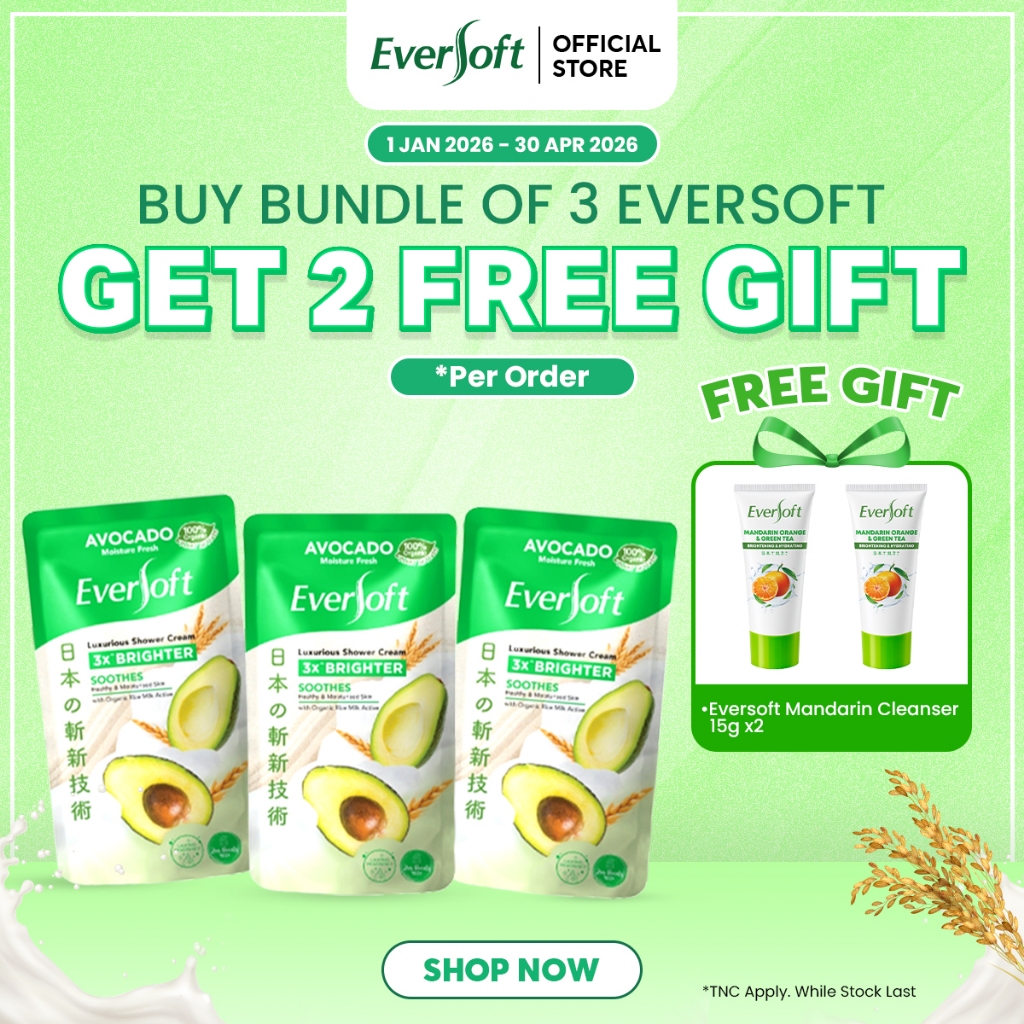 [Bundle of 3] Eversoft Shower Cream Pouch 550g | Avocado Cherry Blossom Rosehip Citrus Yuzu Organic Rice Milk