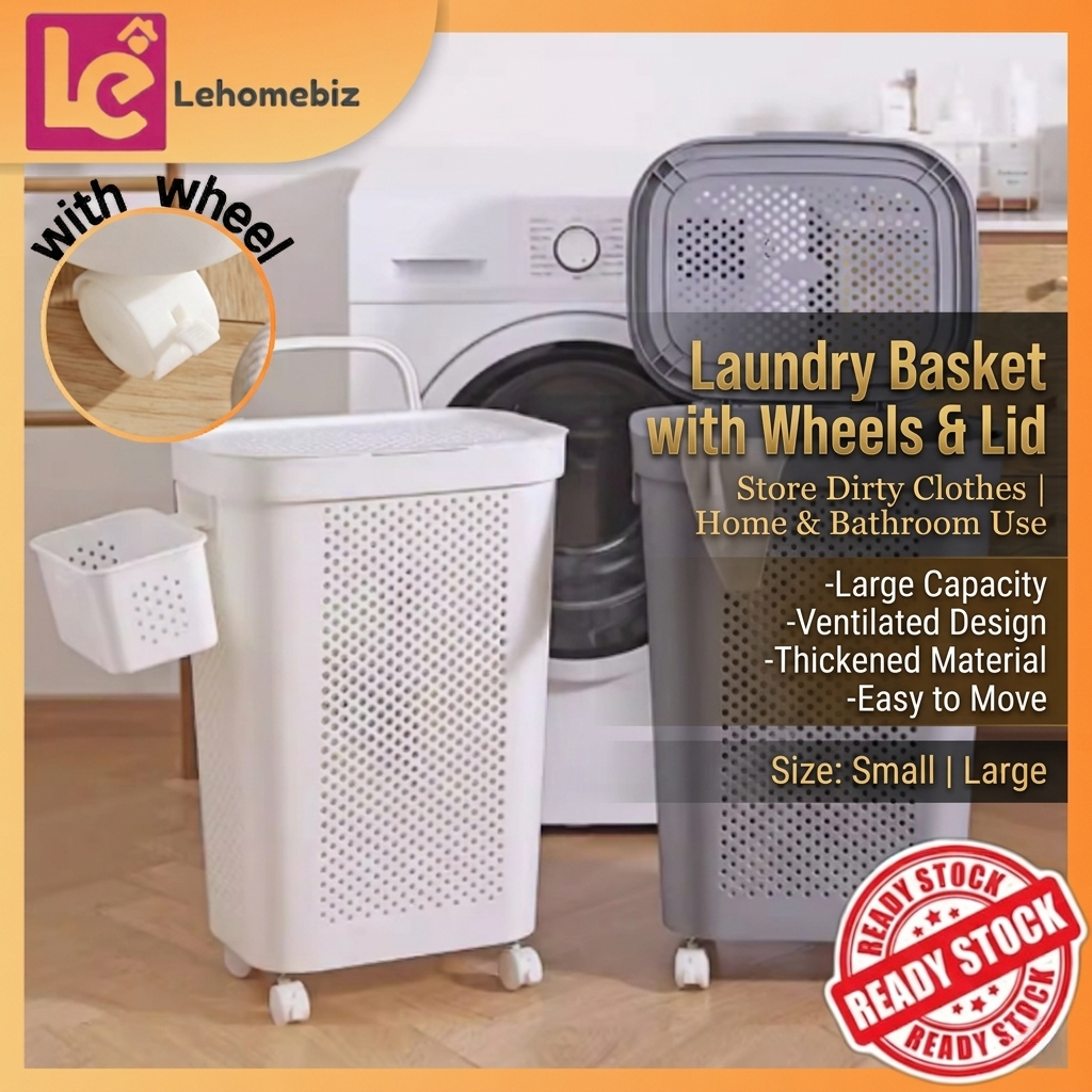 Laundry Basket with Wheels & Lid | Bakul Dobi Beroda & Penutup - Organizer Baju Kotor, Kapasiti Besar, Bakul Baju