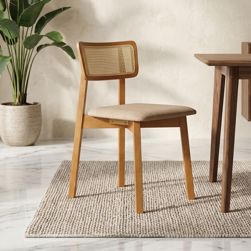 Scandinavian Wooden Chair Lily Rattan Light Walnut Rubberwood | Kerusi Makan Scandinavian Kayu Getah Rotan