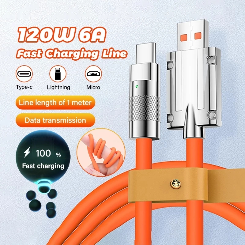 High Quality 120W 6A USB To Type C Fast Charging Cable Fully Compatible Super Fast for Xiaomi Huawei Samsung smartphones