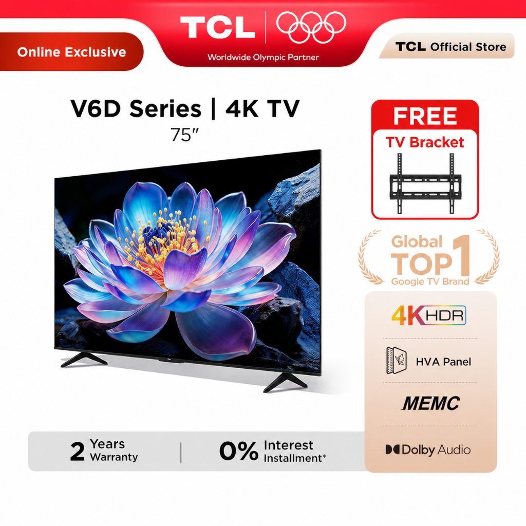 【FREE TV Bracket】TCL 75 Inch 4K Google TV with HDR 10+, Dynamic Color Enhancement, MEMC, Dolby Audio Televisyen 75V6D