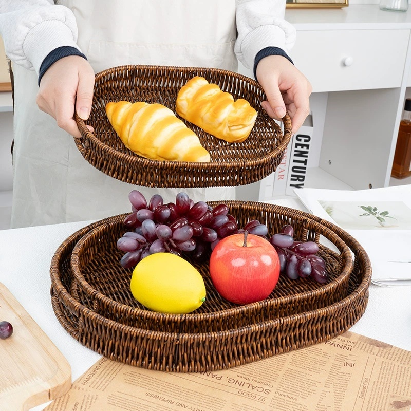 Rattan Weaving Serving Tray Wicker Woven Bread Basket with Handles Home Party Dinner Parties Coffee Table Breakfast托盘