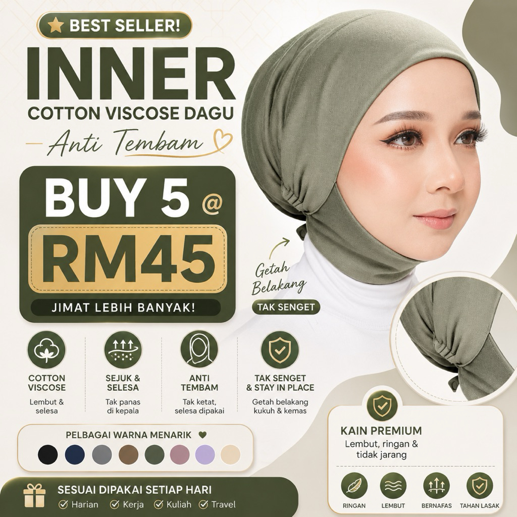 INNER ANTI TEMBAM BERDAGU BERTALI TIEBACK BERGETAH COTTON VISCOSE PREMIUM [READY STOCK]