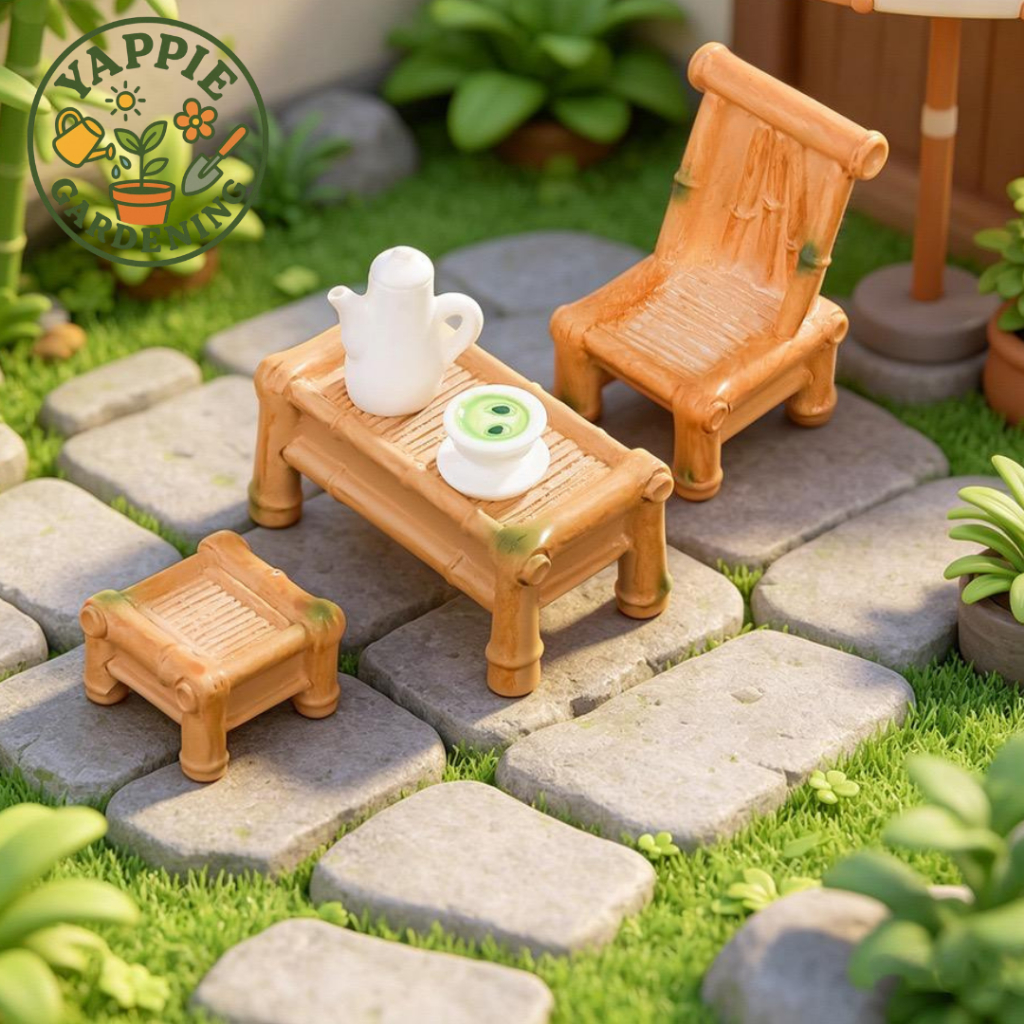 YPG Bamboo Table Chair Moss Micro Landscape Miniature Creative Decoration Accessories Plant Deco 盆栽多肉装饰