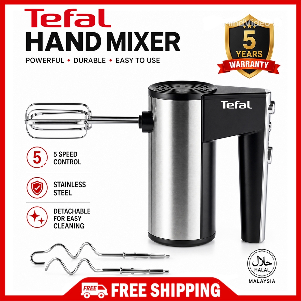 Tefal 5 Speed Electric Hand Mixer Egg Beater Blender Grinder Processor Dough Whisk Mesin Pengadun Bancuh Telur