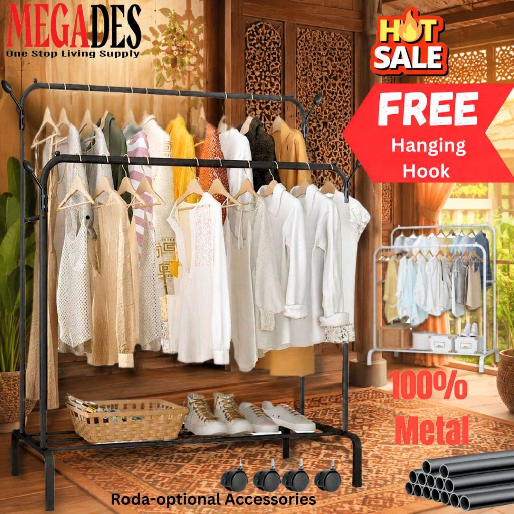 Rak Baju /Single Double Pole Strong Steel Structure Laundry Cloth Rack Organizer / Cloth Hanger Stand / Penyangkut Baju