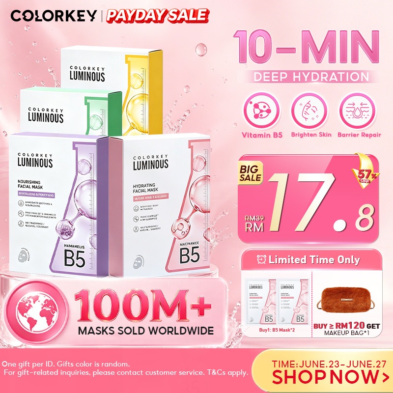 COLORKEY Luminous B5 Facial Serum Mask 10ea Deep Hydrating&Brightening 10-Min Daily Sheet Mask Niacinamide Glycyrrhiza