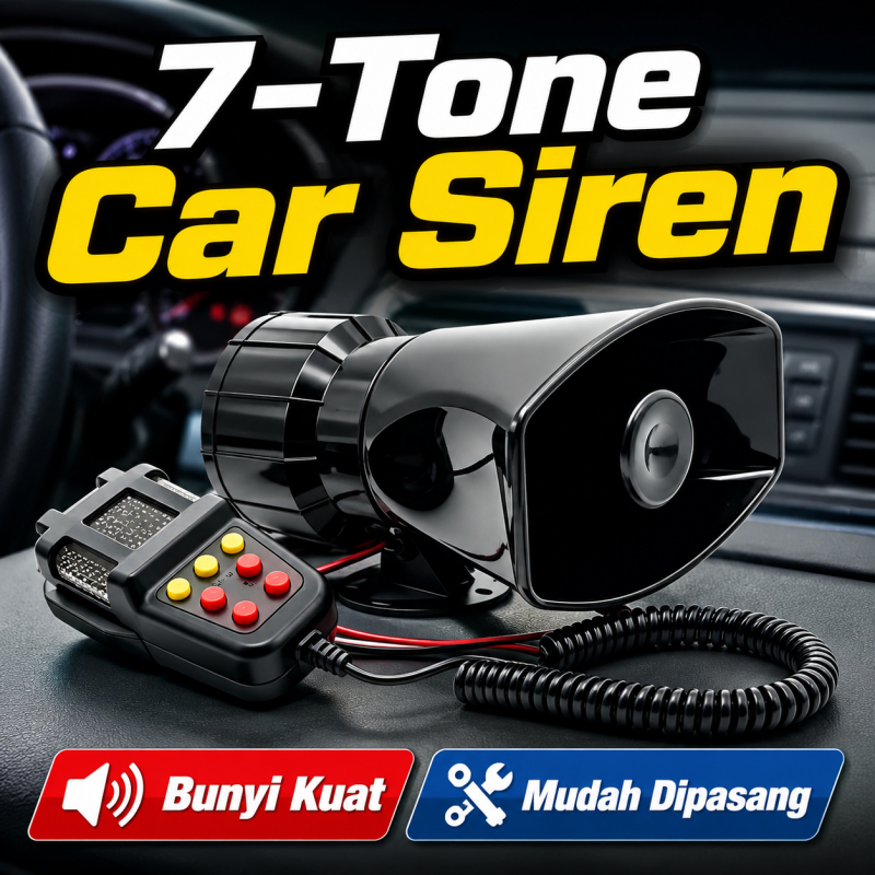 Hon Kereta Multi-Bunyi 7 Sound Car Siren Horn 12V 100W Bahan ABS Tebal Kalis Air Bunyi Kuat Clear Pemasangan Mudah