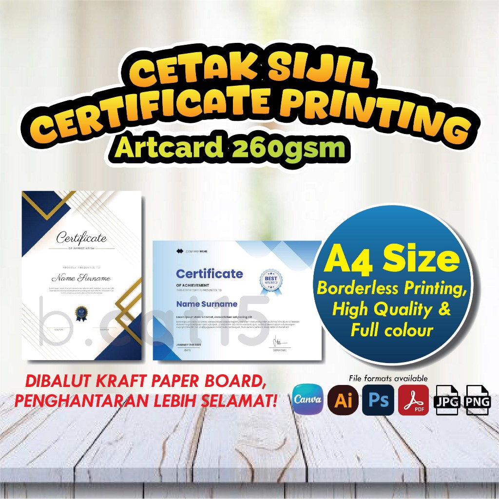 SIJIL | CERTIFICATE PRINTING A4 Size - ARTCARD 260gsm