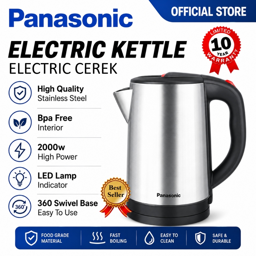 PANASONIC Electric Kettle Stainless Steel Kettle Fast Boiling And Auto Off Electric Cerek || Elektrik Cerek Air Panas.