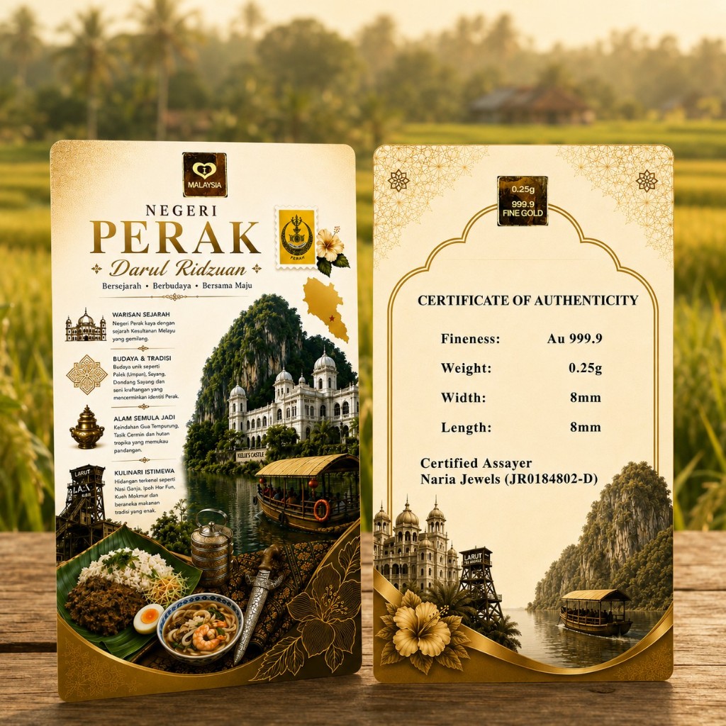 Naria 999.9/24K Gold Bar 0.25gm Negeri Perak Design Malaysia Collection Pelaburan Emas&hellip;