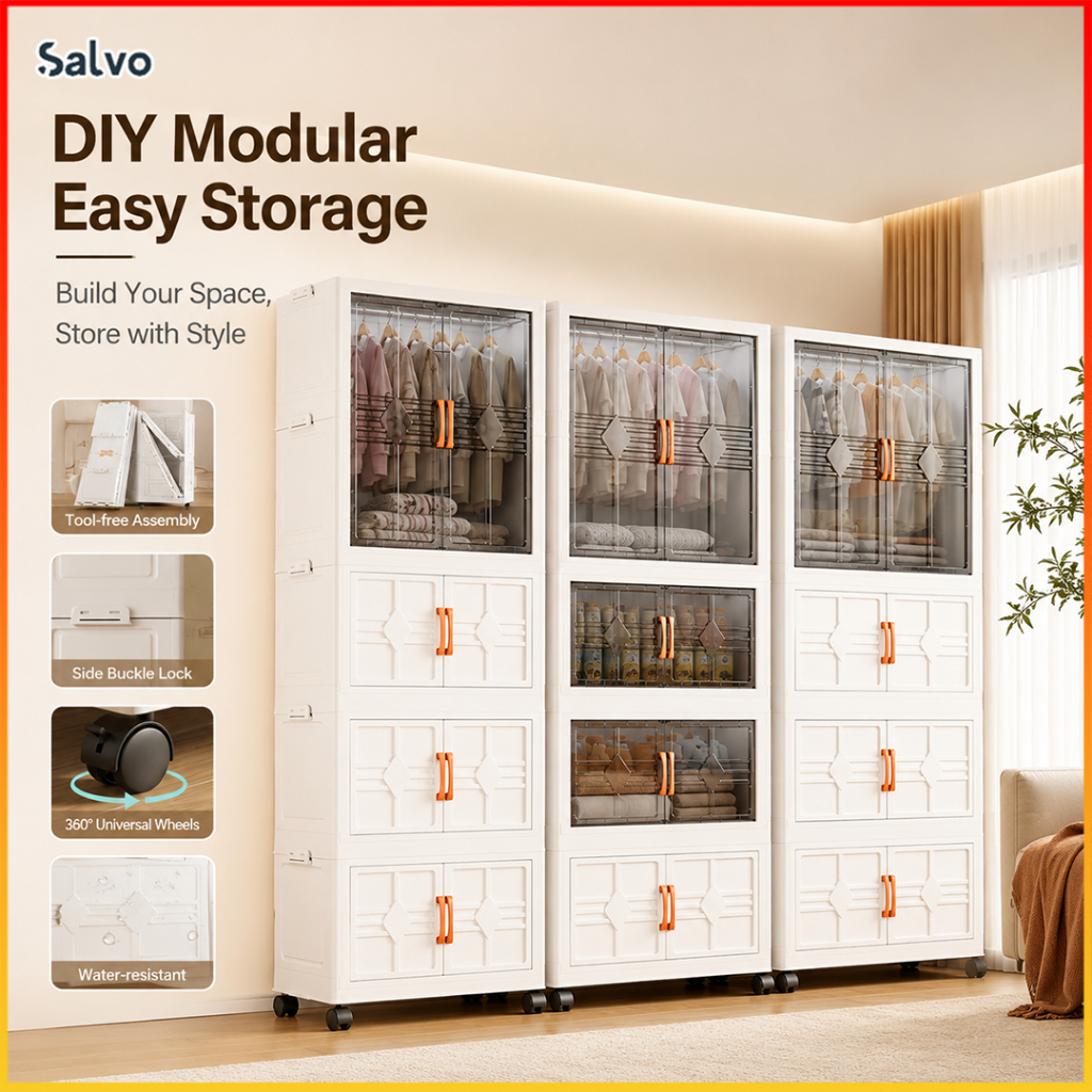 Salvo Foldable Wardrobe Storage Cabinet Clothes Organizer with Wheels Rak Baju Transparent Door 衣櫃