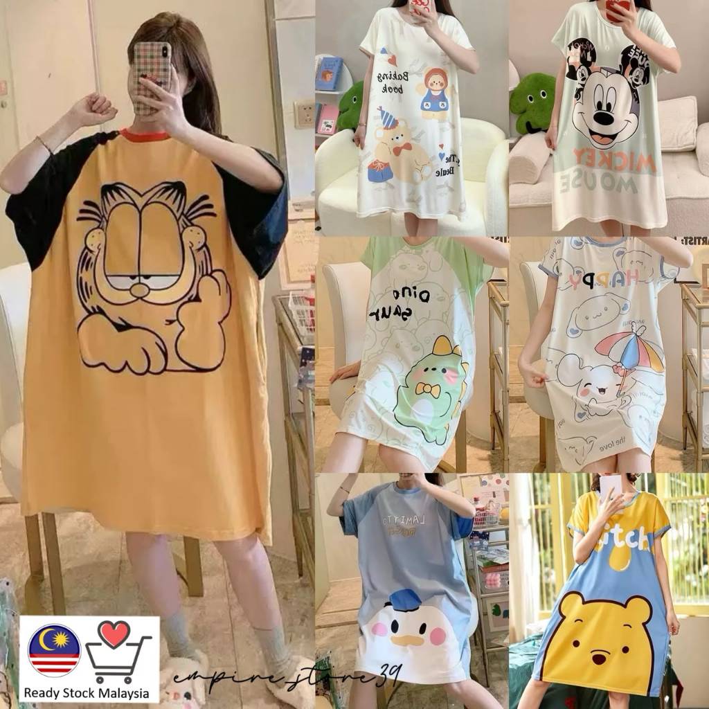 Cartoon Pyjamas Baju Tidur Rumah Comfortable Short Sleeves Round Neck Dress Cartoon Sleepwear Plus Size