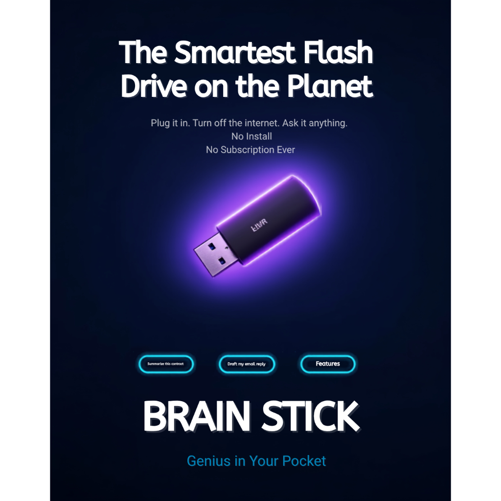 Brain Stick | 100% Offline AI Assistant USB | ChatGPT Alternative No Subscription | Private Local AI Chat PDF Reader PC