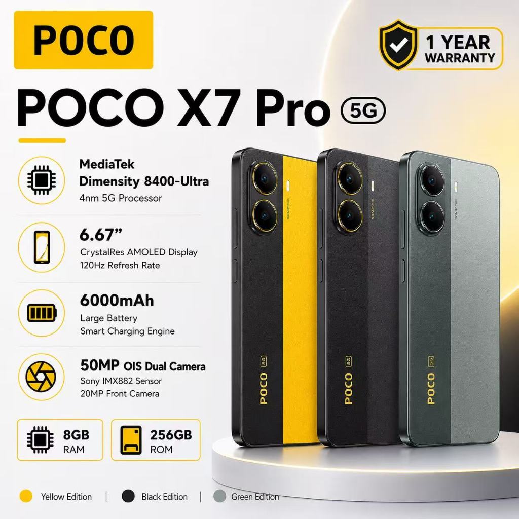 POCO X7 Pro 5G (8GB+256GB) 120Hz AMOLED curved display I Dimensity 8400-Ultra I 6000mAh Battery | 1 Years Warranty
