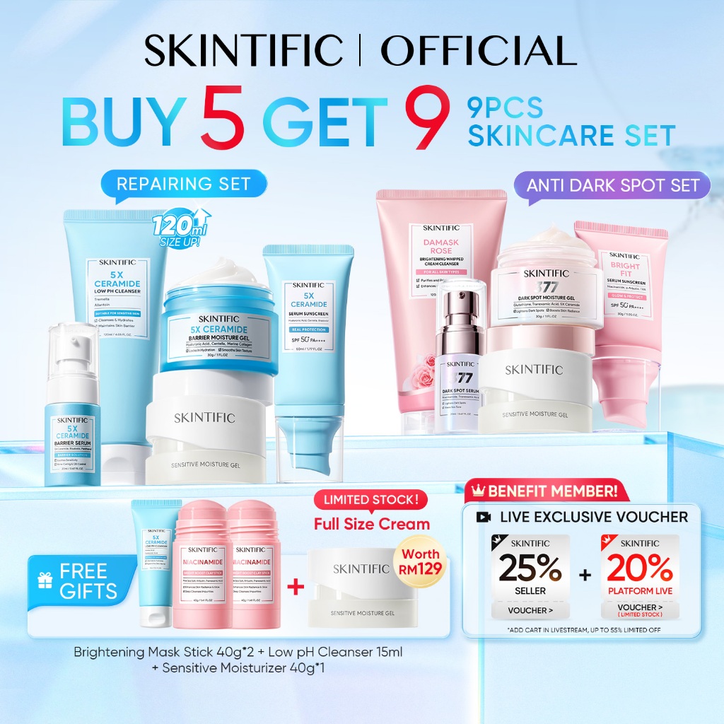 [LIVE EXTRA 25%]SKINTIFIC Skincare 9pcs Set Repairing Barrier, PDRN Glowing | Moisturiser,Sunscreen,Serum,Cleanser,Toner