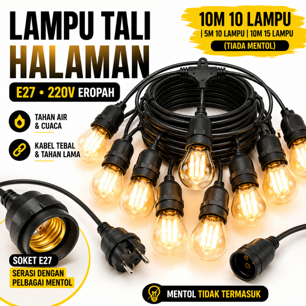 E27 Lamp Holder Outdoor String Light IP65 Waterproof Lampu Gantung Luar Rumah Heavy Duty Socket Garden Lighting yellow
