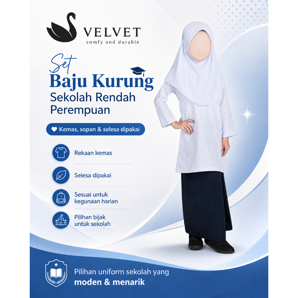 School Uniform - Baju Kurung Sekolah Rendah Putih / Kain Kurung Sekolah Biru Gelap Licin