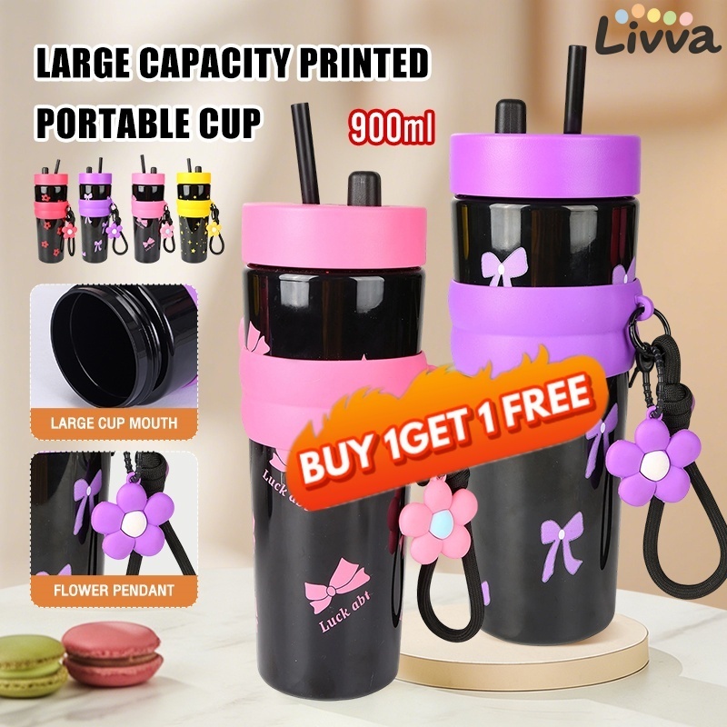 【BUY 1 TAKE 1】900ML Water Bottles Large Capacity Straw Cup With Rope Outdoor Portable Big Plastic Cup Reusable