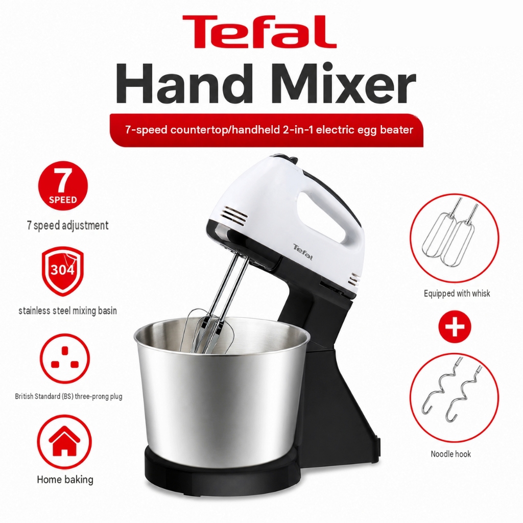 Tefal 7 Speed 2 In 1 Stand Hand Mixer Mesin Pengadun Bancuh Telur Egg Beater With Stainless Steel Bowl Baking