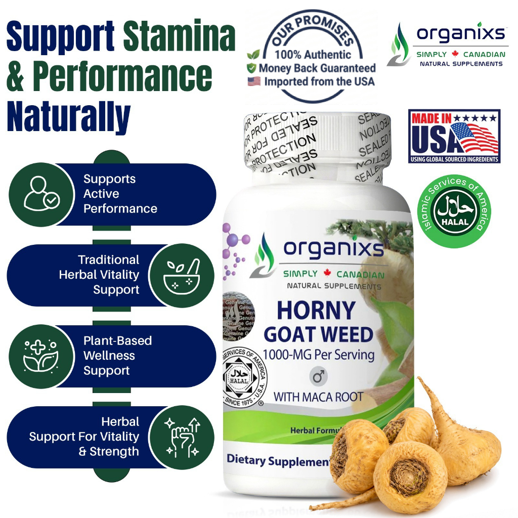 Organixs Halal Hor'ny Goat Weed 1590mg Natural Energy with Maca root, Tribu'lus, Tongkat Ali, 60 Capsules [Exp: 09/28]