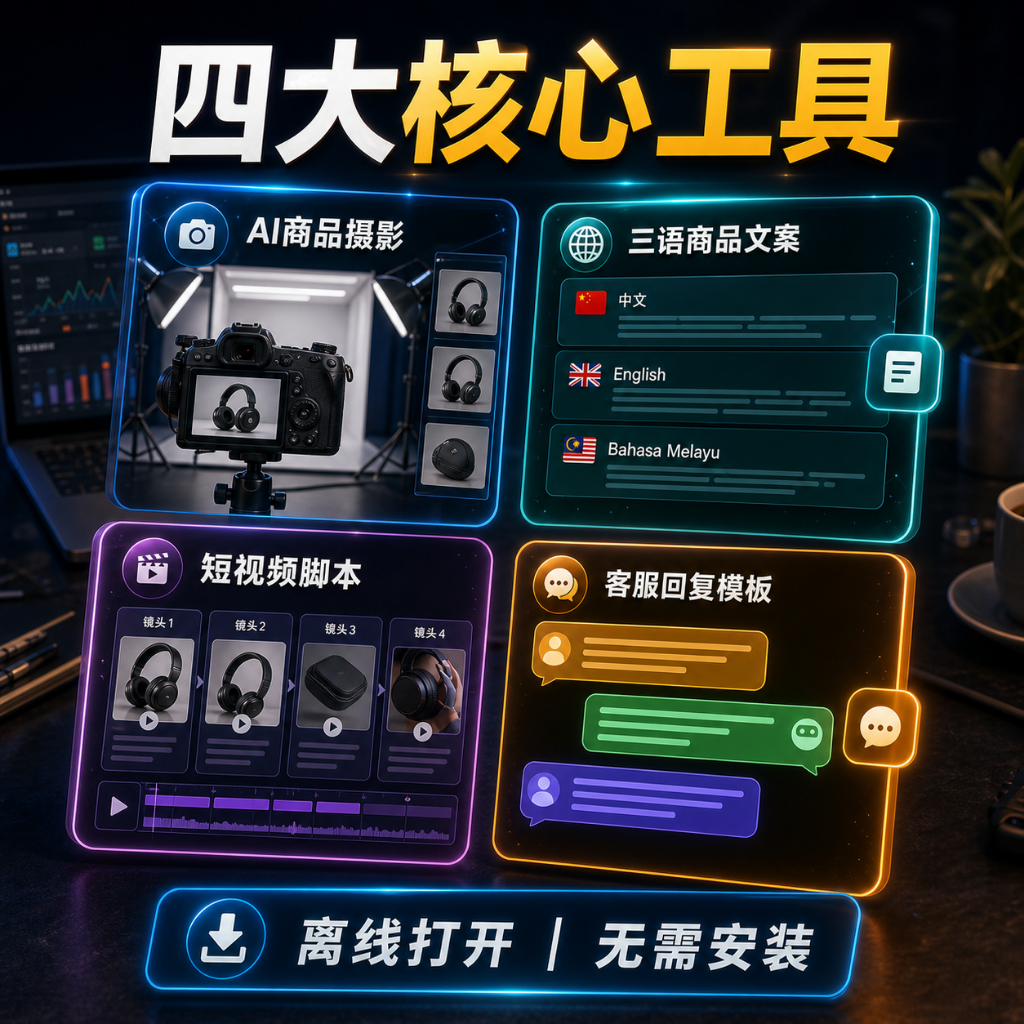 【数码工具包】Shopee卖家三语成交工具｜AI商品摄影Prompt｜中英马文案｜短视频脚本｜客服回复