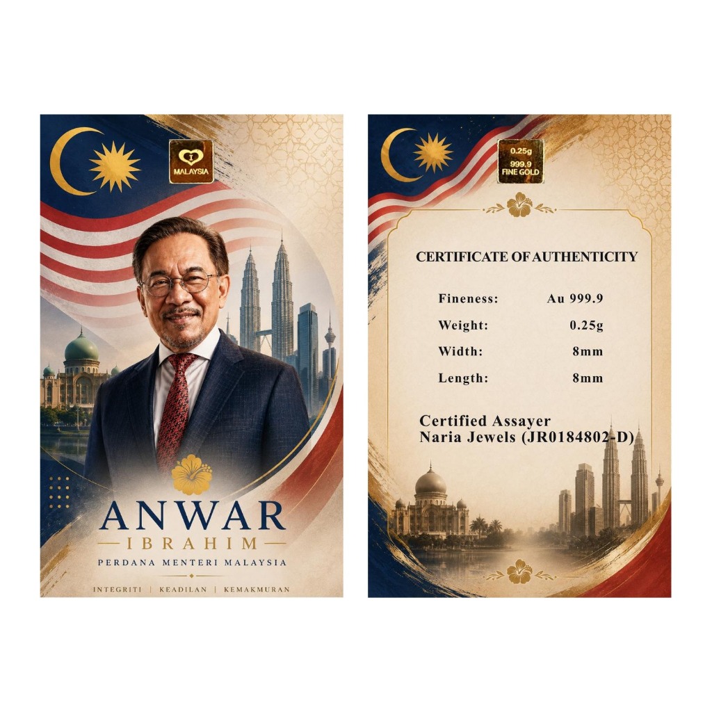 Naria 999.9/24K Gold Bar 0.25gm Perdana Menteri Anwar Ibrahim Design Edisi Tokoh&hellip;