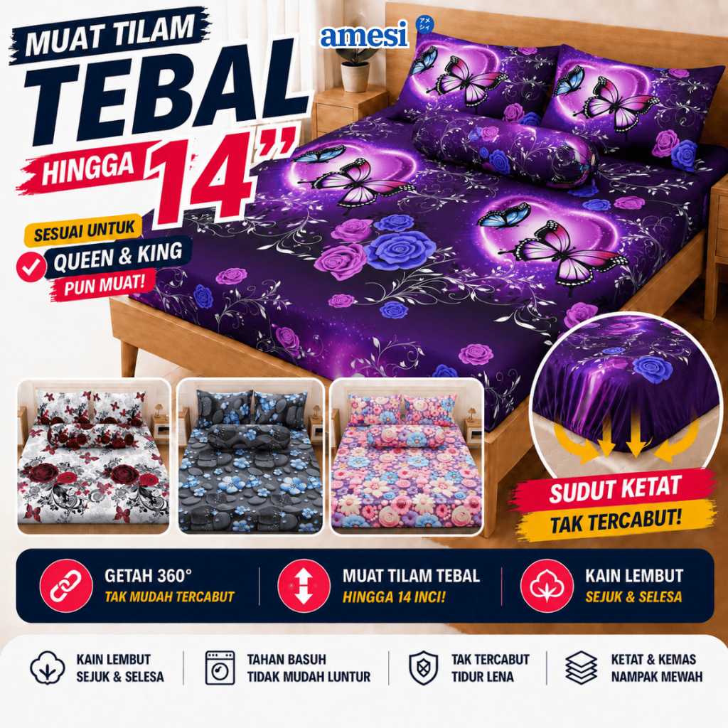 Bedsheet 2 in1 Single Size / 4 in1 Queen King Fitted Bed sheet Cadar Set Getah Keliling Murah AC#1