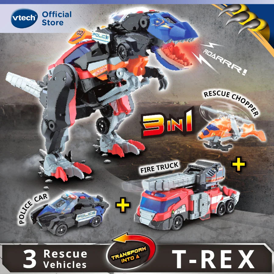 VTech 3 In 1 Rescue T-Rex Combine Transformation Dinosaur Dino Toys Fire truck police car helicopter t-rex toys kids boy