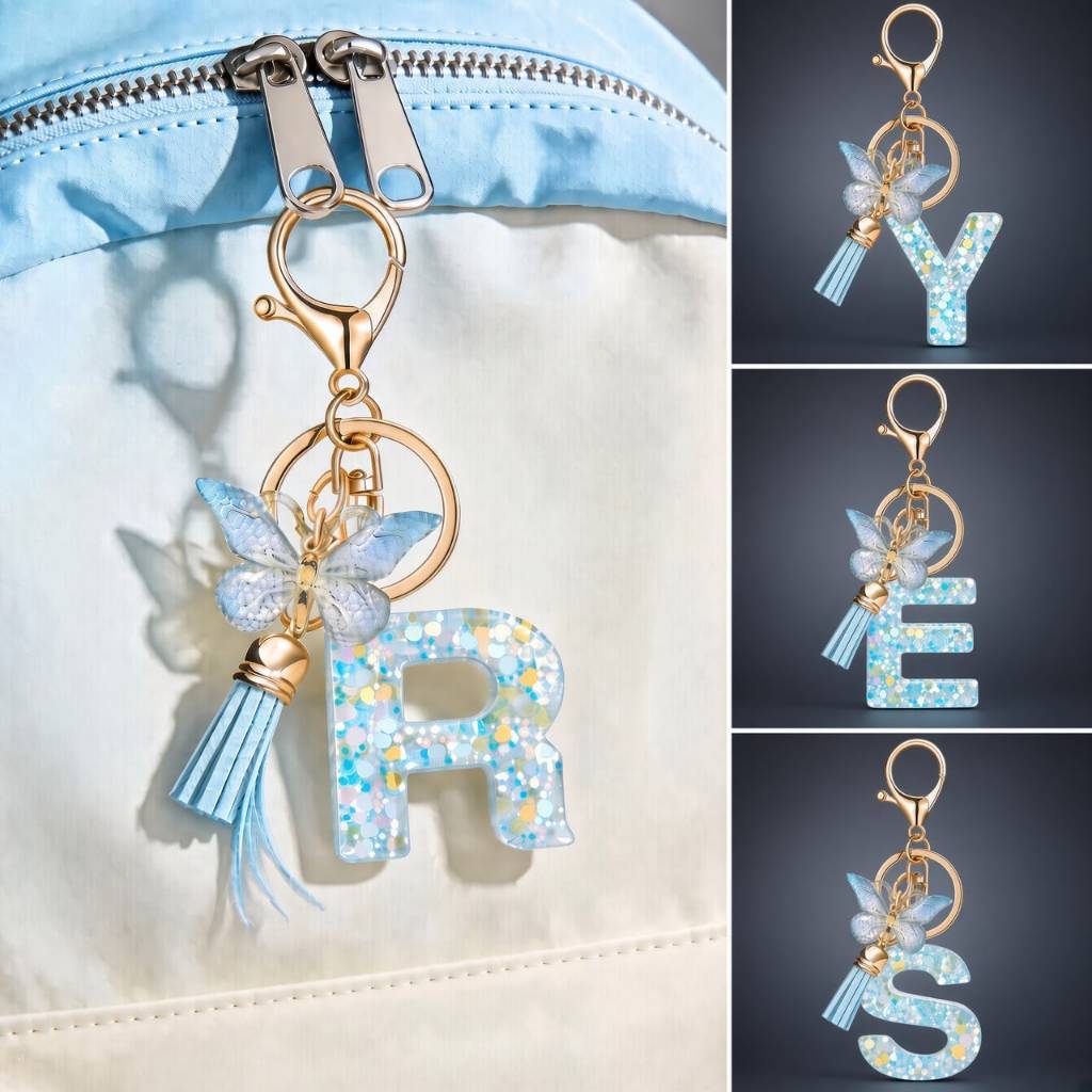 【Local Seller】A-Z Shiny Sequin Letter Keychain Resin Couple Initial Light Blue Stars Filled Pendant Keyrings Handbag Key