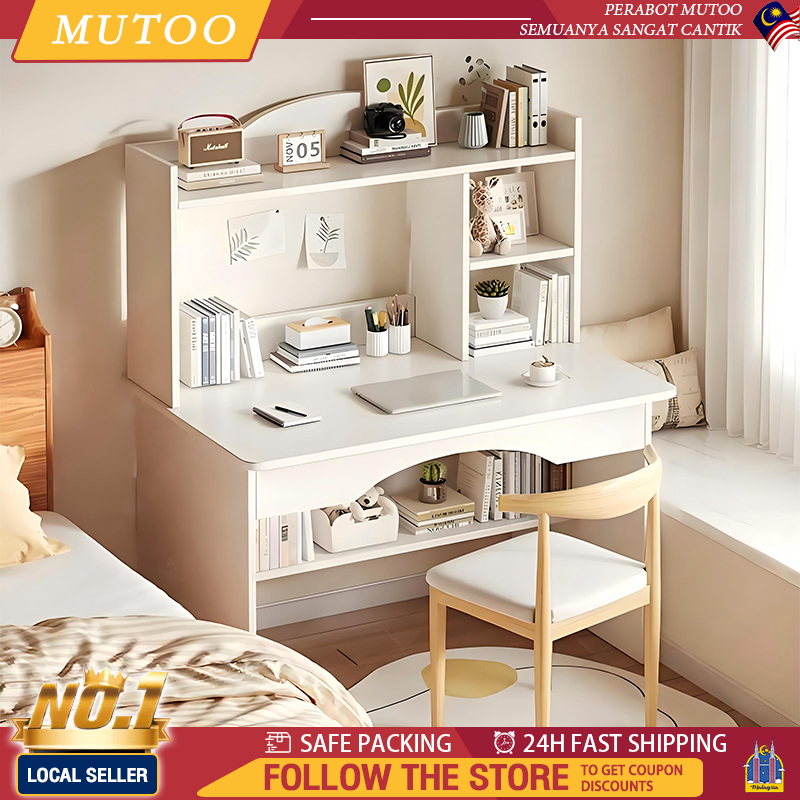 💖Office Desk Study Table Meja belajar Computer Table With Book Shelf Modern Office Desk Easy Install Storage Table电脑桌