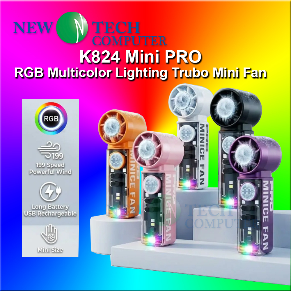 K824 Mini Fan Handheld Fan Turbo Fan 199 Speed TEC Cooling RGB Rechargeable Kipas Mini Kipas Tangan Kipas USB TYPE-C