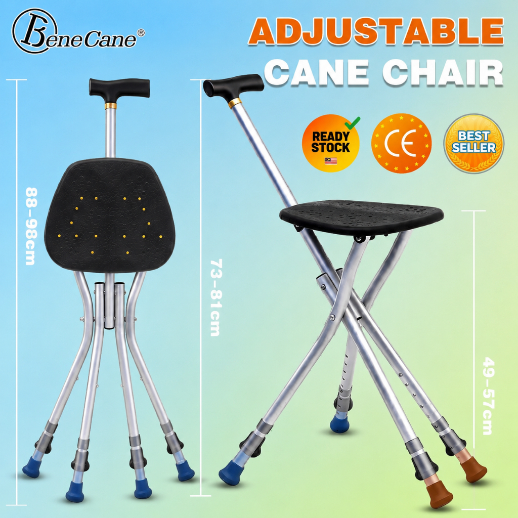 Walking Cane Bench 4 Legs Stable Portable Stick Chair Tongkat Kerusi Lipat For Adult Elderly Seniors