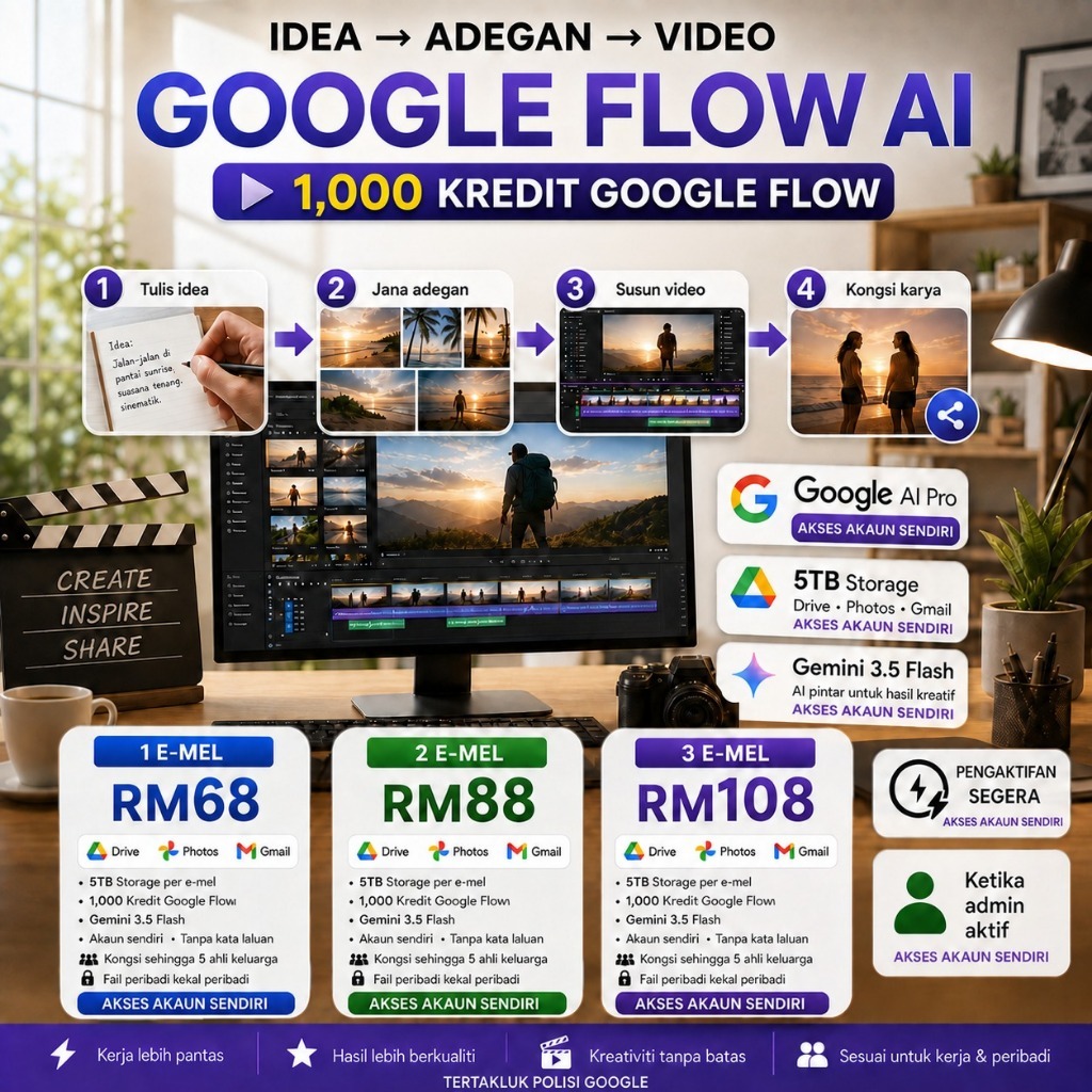 [COMBO 3] GOOGLE FLOW AI / 1000 CREDIT FLOW / 5TB / STORYBOARD AI / OWN EMAIL / GEMINI PRO 3.1 / Google Ai Ultra