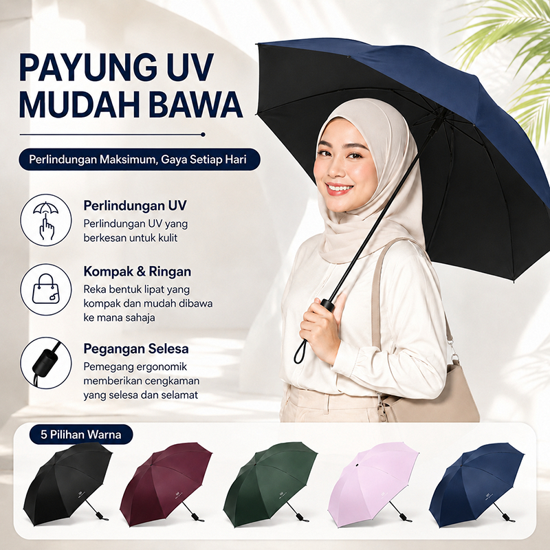 LLB Payung Lipat Automatik Anti-UV 8 Tulang | Buka & Tutup Satu Butang | Kain Hitam Pelindung Matahari dan Hujan